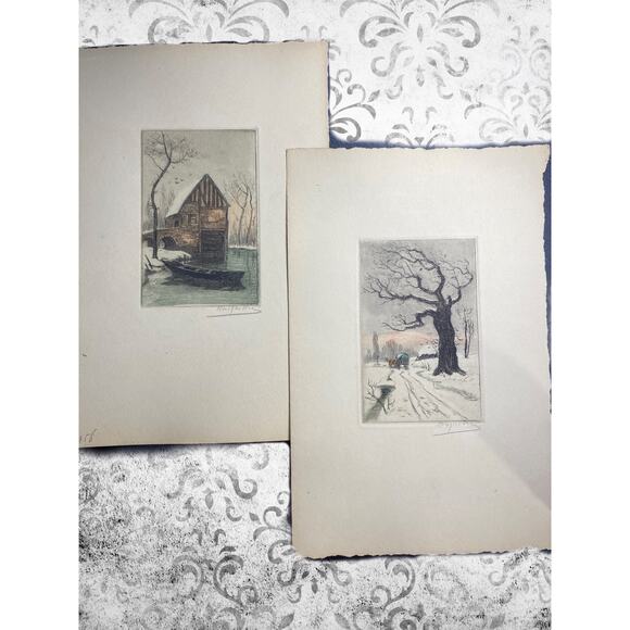 Broyelle Signed Hand-Colored Etchings Pair Rustic Winter French Folk Art Vibe - Picture 1 of 6